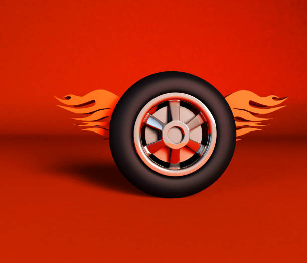 Car Wheel in Fire and Water Isolated On Black Background
