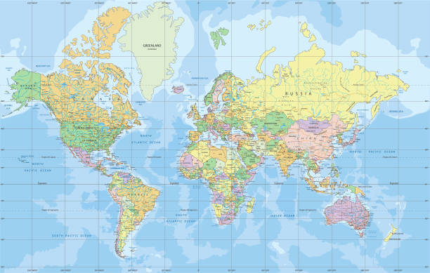 Political World map in Mercator projection. Political World map in Mercator projection. Organized vector illustration on seprated layers. equator stock illustrations