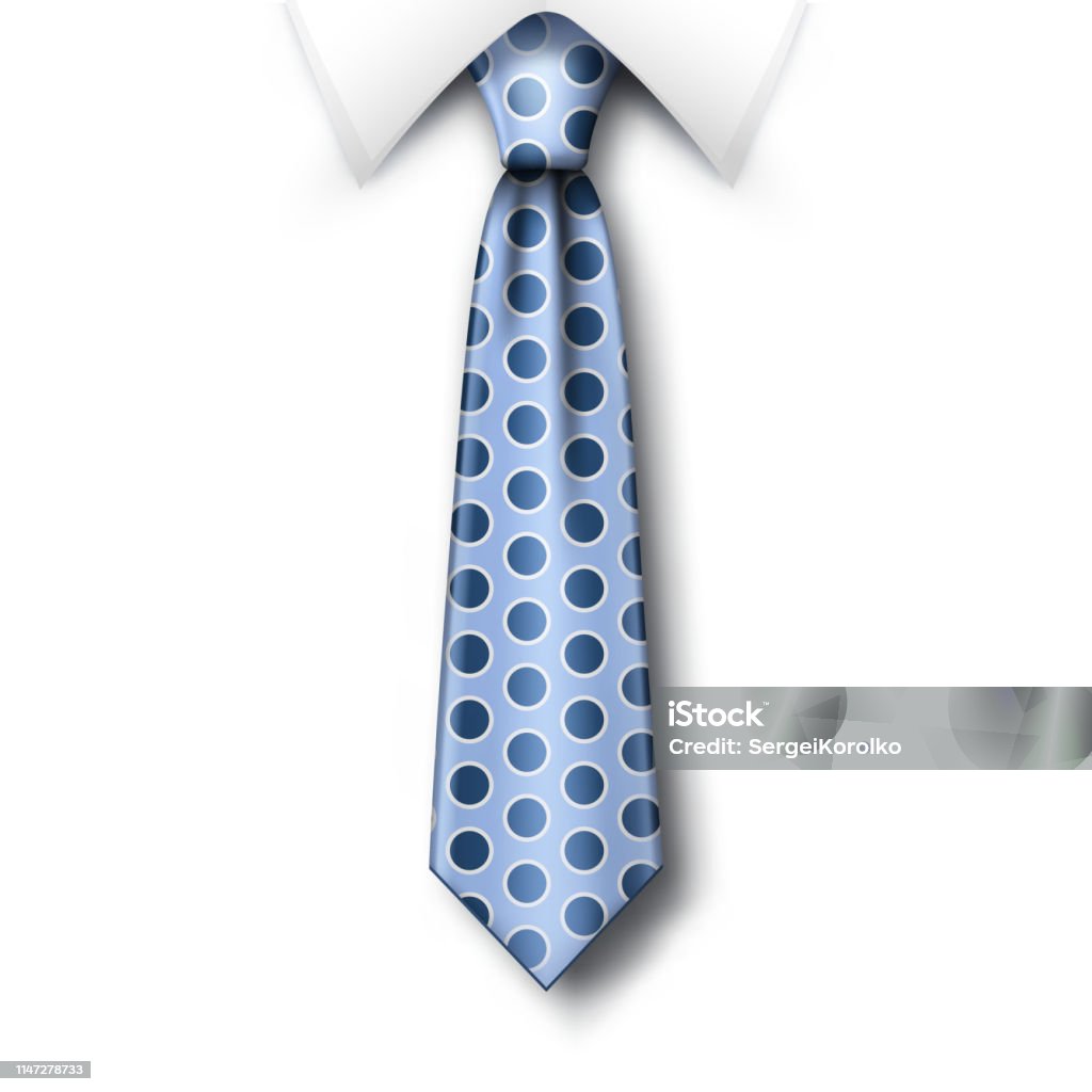 Polka dots tie and white collar with soft shadow on white background. Fathers Day greeting card template with blue necktie Polka dots tie and white collar with soft shadow on a white background. Template for Fathers Day greeting card with blue polka dots necktie. Realistic vector illustration Necktie stock vector