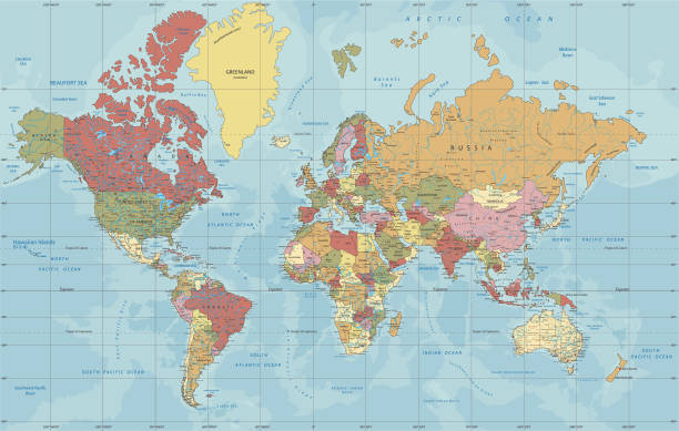 ilustrações de stock, clip art, desenhos animados e ícones de detailed political world map in mercator projection - equator