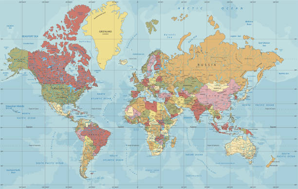 mercator projeksiyon detaylı siyasi dünya haritası - fiziki coğrafya illüstrasyonlar stock illustrations