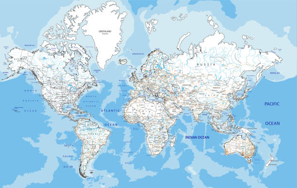 ilustrações, clipart, desenhos animados e ícones de mapa de estrada detalhado elevado do mundo com rotulagem-branco. - northern atlantic