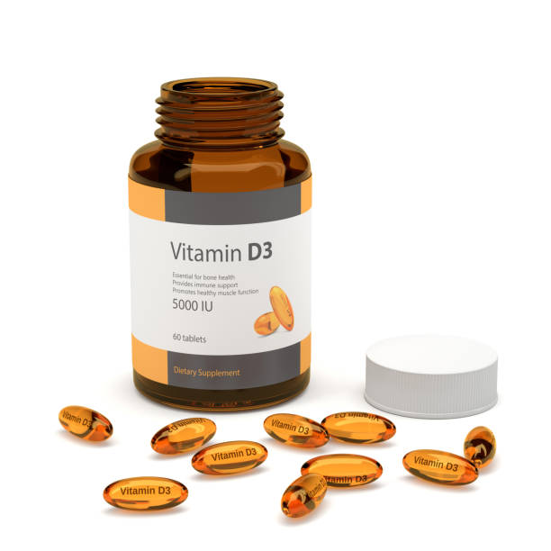 istock 3d render of vitamin D3 bottle with capsules 1147281751