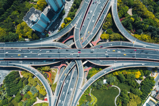 aerial view of city Motorway Junction Multiple Lane Highway, Overpass, Elevated Road, Road, Road Intersection overpass road stock pictures, royalty-free photos & images