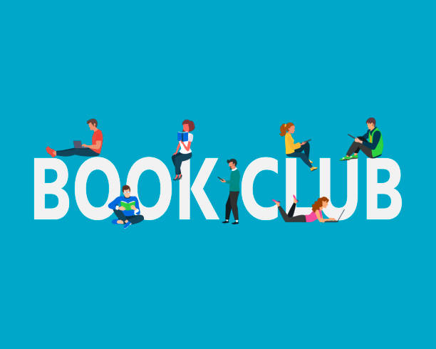 Book club concept illustration. Students Boy and Girl using laptop, books, standing and  sitting near capital letters book club. Book club concept illustration. Students Boy and Girl using laptop, books, standing and  sitting near capital letters book club. Vector illustration can use for, landing page, template,  banner, flyer book club stock illustrations
