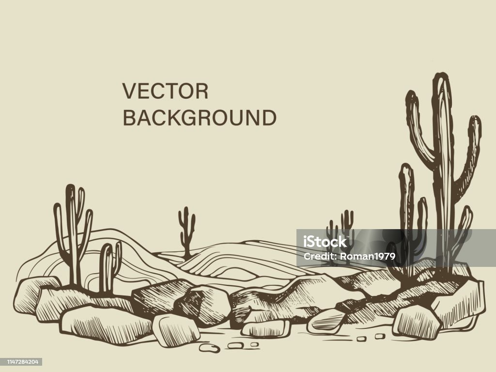 Cacti in the Arizona desert sketch Cacti in the Arizona. Hand drawn vector sketch of the desert of South America prairie landscape. Desert Area stock vector