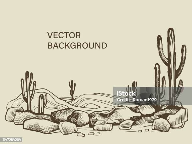 Cacti In The Arizona Desert Sketch Stock Illustration - Download Image Now - Desert Area, Wild West, West - Direction