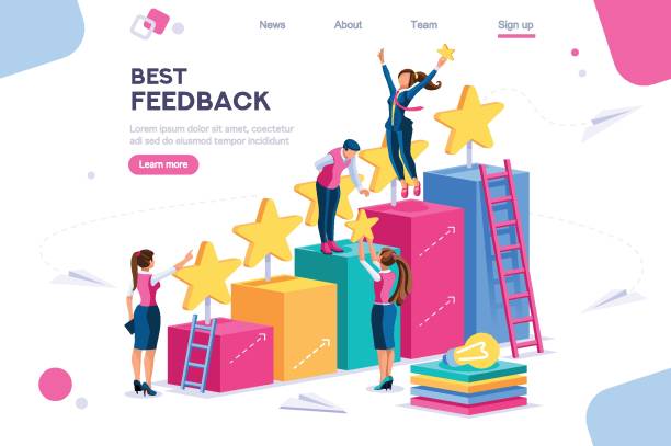 Win and Grow Concept Arrows score, win and grow. Star choose, best feedback comment. 5 stars rating, people and text, characters concept for web banner, infographics, hero images. Flat isometric vector illustration performance assessment stock illustrations