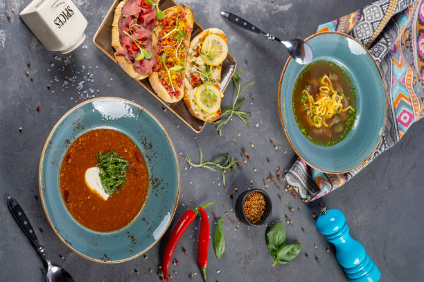 istock two plates of delicious soup with bruschettas serving 1147286033