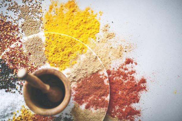 Shot of a pestle and mortar with an assortment of spices scattered around it