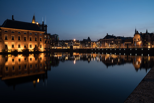 Twilight Shot of The Hague Skyline Reflected in the Hofvijer Canal, The Netherlands