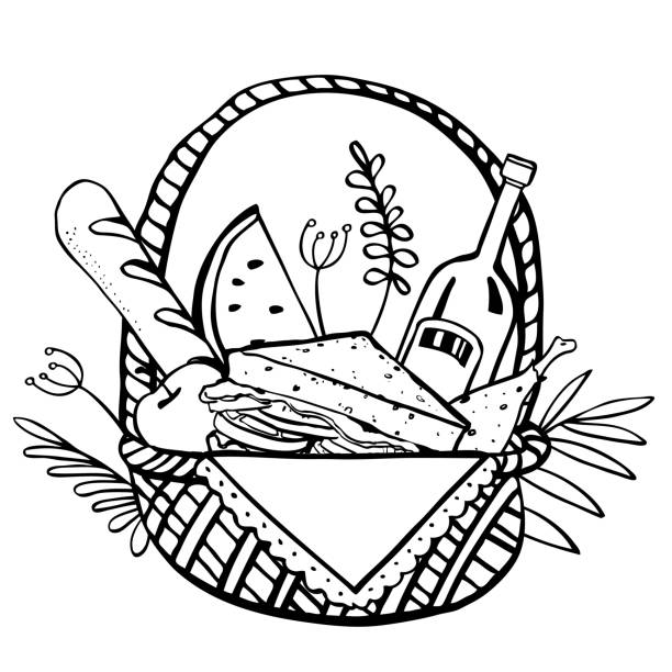illustrations, cliparts, dessins animés et icônes de panier de pique-niquer avec de la nourriture et des fleurs sur le fond. illustration de croquis de vecteur de contour - sandwich sketch cartoon line art