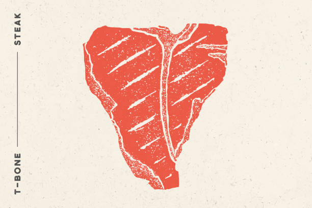 Steak, T-Bone. Poster with steak silhouette, text Steak, T-Bone. Poster with steak silhouette, text T-Bone, Steak. Logo typography template for meat business - shop, market, restaurant or design - banner, sticker, menu. Vector Illustration meat stock illustrations