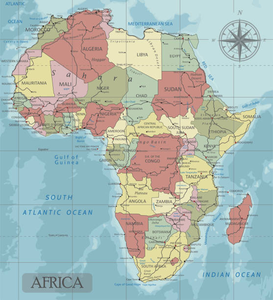 illustrations, cliparts, dessins animés et icônes de carte détaillée d’afrique politique dans la projection de mercator. - map compass old globe