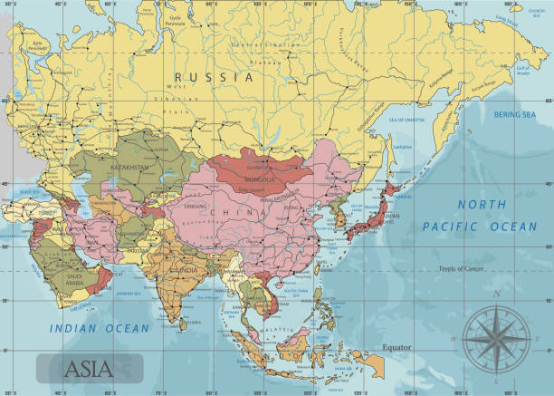 illustrations, cliparts, dessins animés et icônes de carte détaillée d’asie politique dans la projection de mercator. - map compass old globe