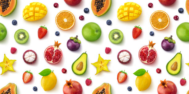 istock Seamless pattern of different fruits and berries, flat lay, top view 1147294020
