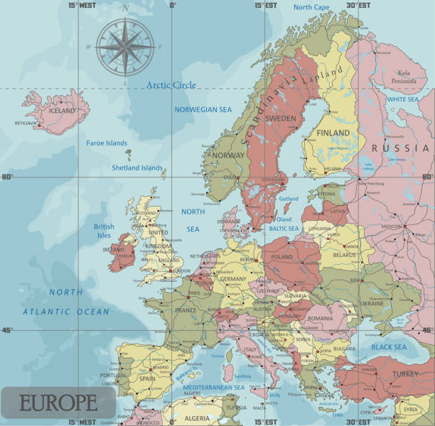 illustrations, cliparts, dessins animés et icônes de carte politique de l’europe détaillée dans la projection mercator. - map compass old globe