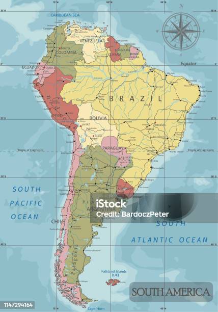 Detailed South America Political Map In Mercator Projection Stock Illustration - Download Image Now