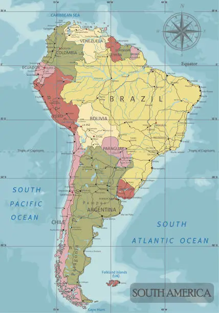 Vector illustration of Detailed South America Political map in Mercator projection.