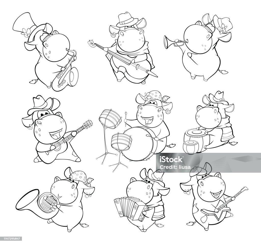 Vector Illustration of a Cute Cartoon Character Cow for you Design and Computer Game. Coloring Book Outline Set a set of sketches of various spotty cows of musicians in hats Accordion - Instrument stock vector