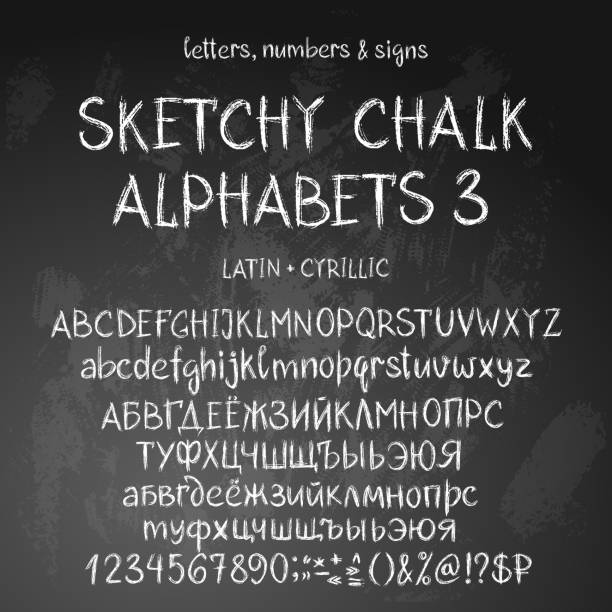 Sketchy alphabets Big set of latin and cyrillic alphabets in grungy chalk style. Uppercase and lowercase letters on textured background. chalk drawing stock illustrations