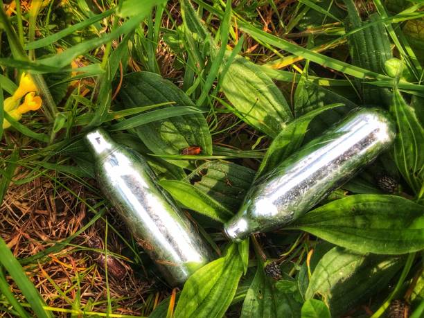 草の草原で捨てられた亜酸化窒素キャニスターを捨てました。n2o は、また、ヒッピークラックとして知られている、違法な高です - nitrous oxide ストックフォトと画像