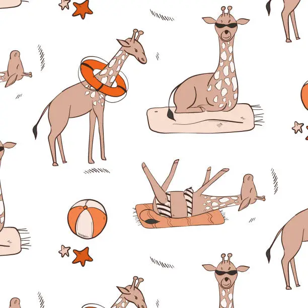 Vector illustration of Giraffa on the beach: sunbathing, swimming, relaxing. Vector cute hand-drawn illustration with wild animals. Summer cartoon nursery vacation pattern.