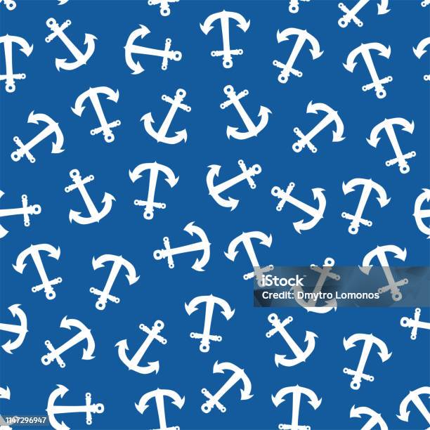 Seamless Pattern With White Anchors On Blue Background Stock Illustration - Download Image Now