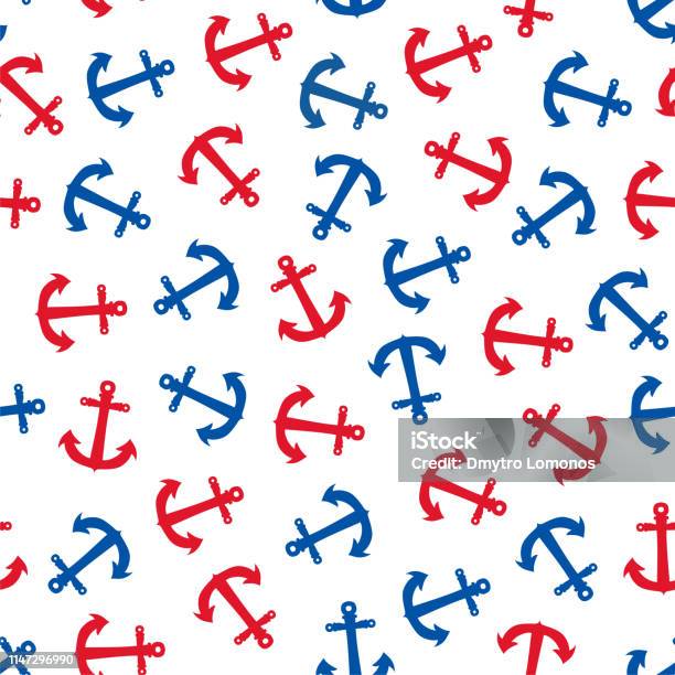 Seamless Pattern With Blue And Red Anchors On White Stock Illustration - Download Image Now