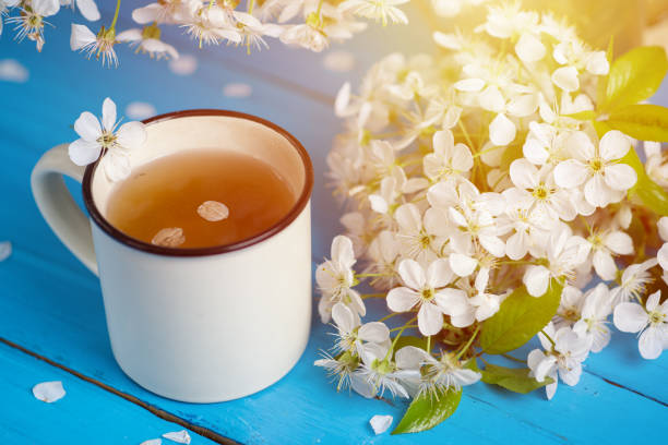 istock Spring tea Cup, cherry blossom on blue wooden background 1147297755