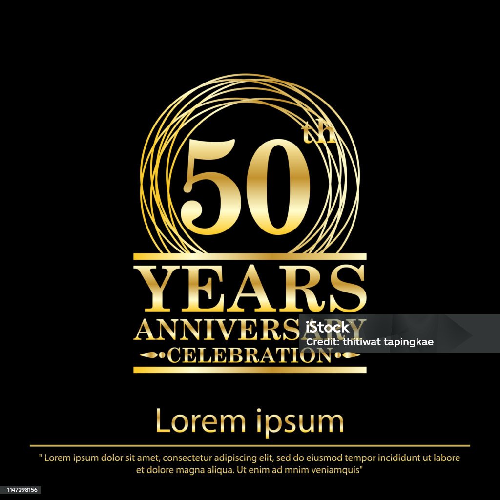 50-jähriges Jubiläum. Jubiläumslogo mit goldenem Ring elegant auf schwarzem Hintergrund isoliert, Vektorillustration Vorlage Design für Feier, Einladungskarte, und Grußkarte - Lizenzfrei 50. Jahrestag Vektorgrafik