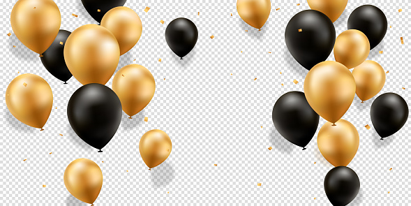 Gold and black balloons with confetti on a transparent background.