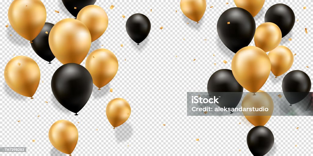 Gold and Black Balloons Gold and black balloons with confetti on a transparent background. Balloon stock vector