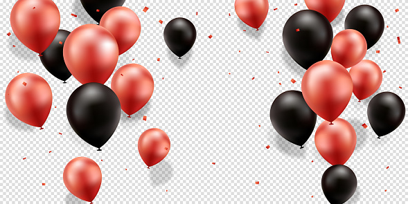 Red and black balloons with confetti on a transparent background.