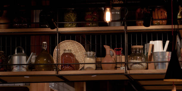 istock shelf with edible stocks and various utensils 1147301817