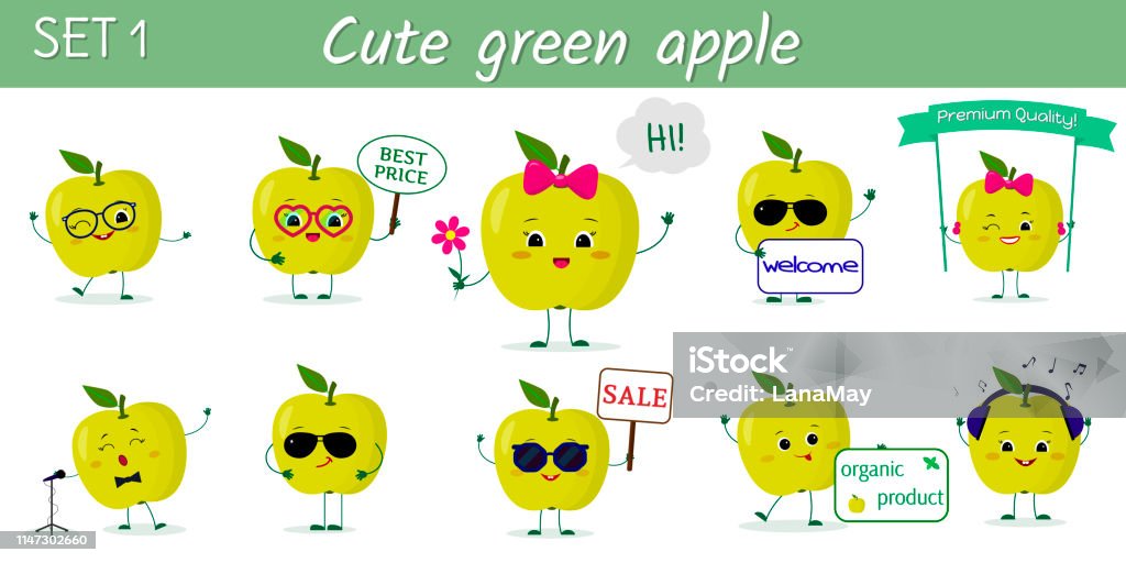 Set of ten cute kawaii green apples fruit characters in various poses and accessories in cartoon style. Vector illustration, flat design Set of ten cute kawaii green apples fruit characters in various poses and accessories in cartoon style. Vector illustration, flat design. Apple - Fruit stock vector