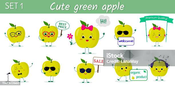 Set Of Ten Cute Kawaii Green Apples Fruit Characters In Various Poses And Accessories In Cartoon Style Vector Illustration Flat Design Stock Illustration - Download Image Now