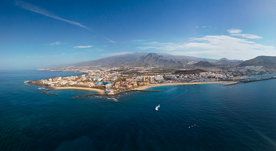 Aerial panorama of Los Cristianos resorts, Fuente Playa de las Vistas and Playa del Camison beach, Tenerife, Canary islands, Spain.
