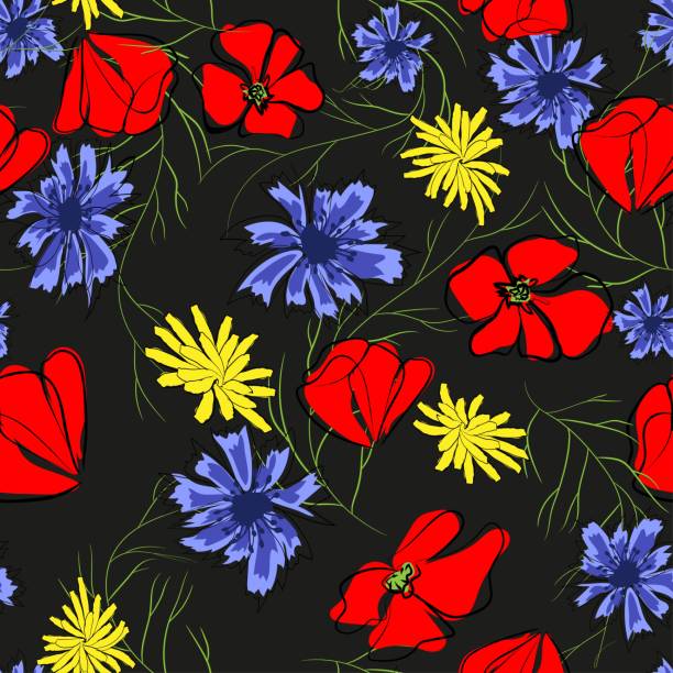 istock Seamless pattern of spring flowers. Poppy, chamomile, cornflower. Illustration on black background. 1147304580
