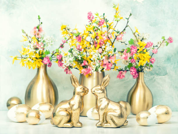 istock Easter bunny golden eggs flowers decoration vintage 1147306723