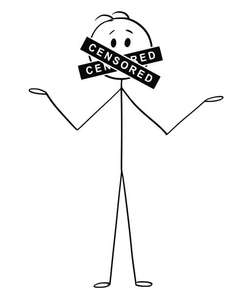 Cartoon of Talking Man with Censored Bar or Sign Covering His Mouth Cartoon stick figure drawing conceptual illustration of talking man with censored bar or sign covering his mouth. Concept of freedom of speech and censure. speak no evil stock illustrations