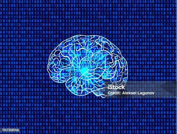 Vector Cyber Mind Illustration Binary Code Background And Glowing Brain ...
