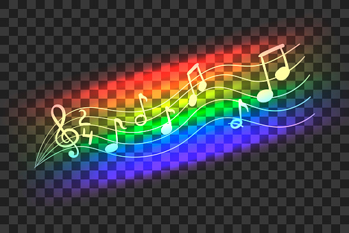 Vector Neon Rainbow Color Abstract Music Wave, Musical Notes, Illustration Isolated on Tranpsarent Background.