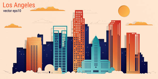 Los Angeles city colorful paper cut style, vector stock illustration. Cityscape with all famous buildings. Skyline Los Angeles city composition for design Los Angeles city colorful paper cut style, vector stock illustration. Cityscape with all famous buildings. Skyline Los Angeles city composition for design los angeles stock illustrations