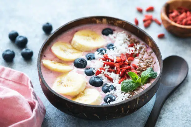 Healthy Acai Bowl Topped With Fruits, Berries, Seeds. Closeup View. Weight Loss, Healthy Eating, Vegan Food Concept