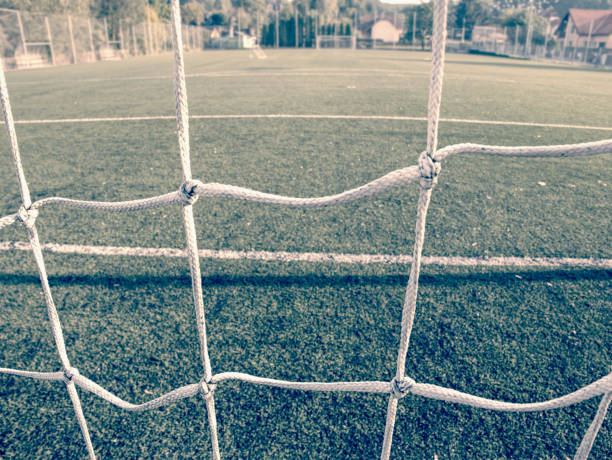 istock Wet green grass carpet with white lines. Soccer field 1147313248
