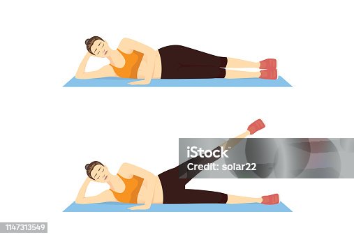 istock Woman doing Side Leg Raise Exercise with lying in 2 Step on blue mat. 1147313549