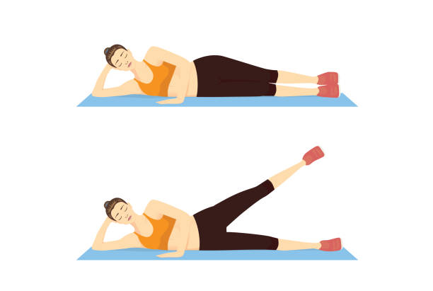 Woman Doing Side Leg Raise Exercise With Lying In 2 Step On Blue Mat Stock  Illustration - Download Image Now - iStock