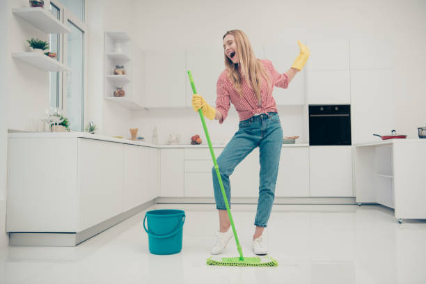 full length body size photo beautiful amazing funky she her lady wash white floor housemaid karaoke day singing mop crazy movement wear jeans denim casual plaid checkered shirt bright light kitchen - spring cleaning women cleaning dancing imagens e fotografias de stock