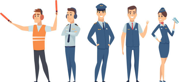 illustrazioni stock, clip art, cartoni animati e icone di tendenza di piloti. avia compagnia persone equipaggio piloti hostess comando aereo civile vettoriali personaggi in stile cartone animato - cabin crew